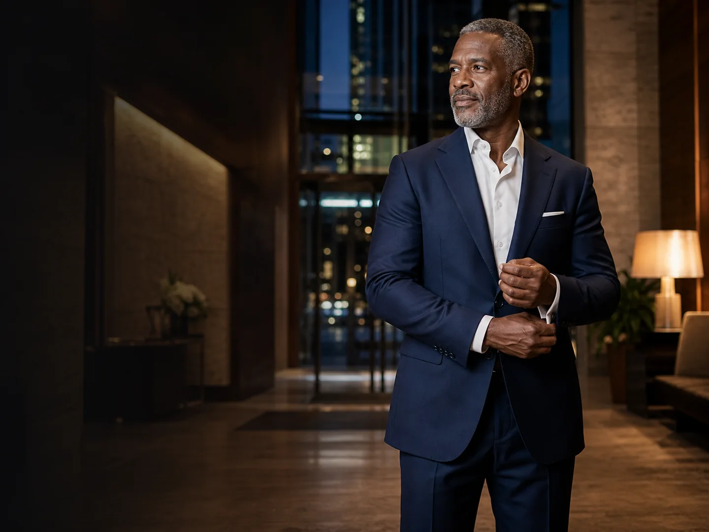 Successful mature Denver man in a refined hotel lobby