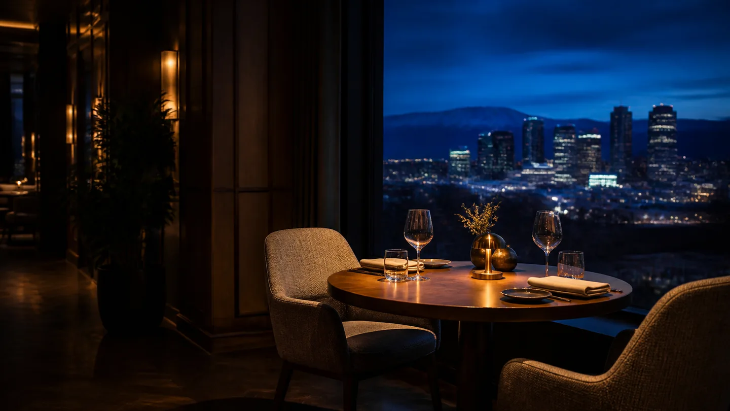 Conversation-ready table for two overlooking Denver at blue hour