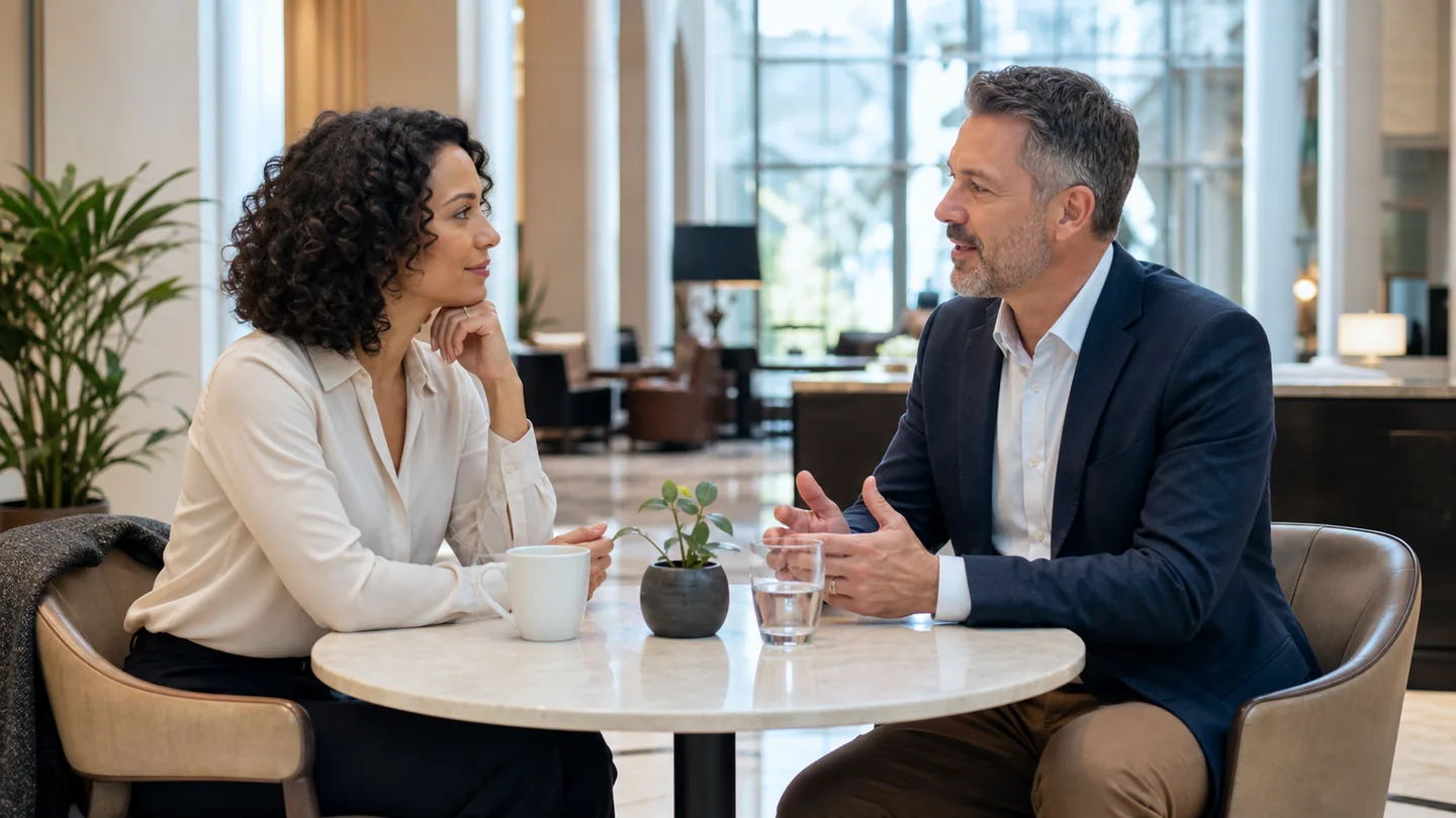 Two adult Denver singles having a respectful conversation in a public lounge