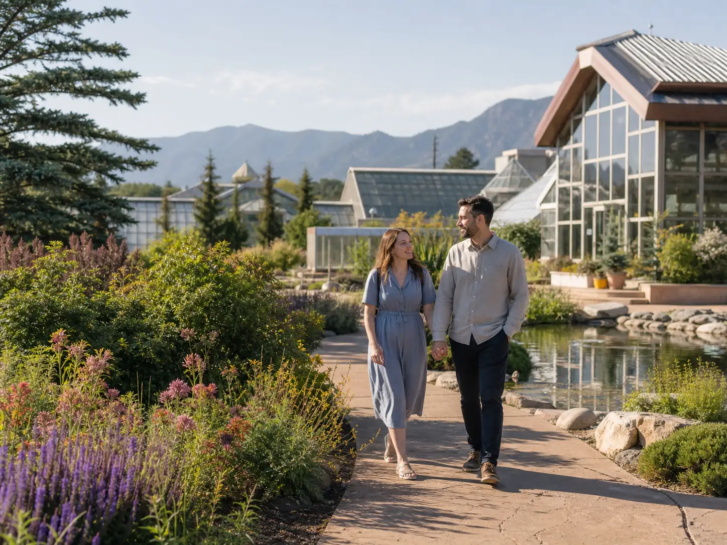 Adult couple enjoying a relaxed botanical garden date