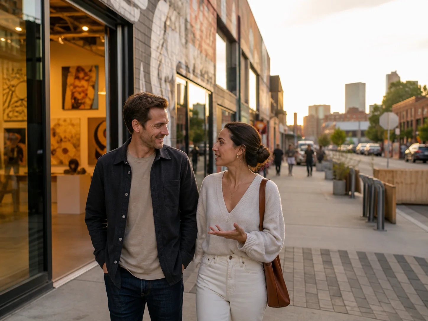 Adult couple talking while walking through a Denver art district