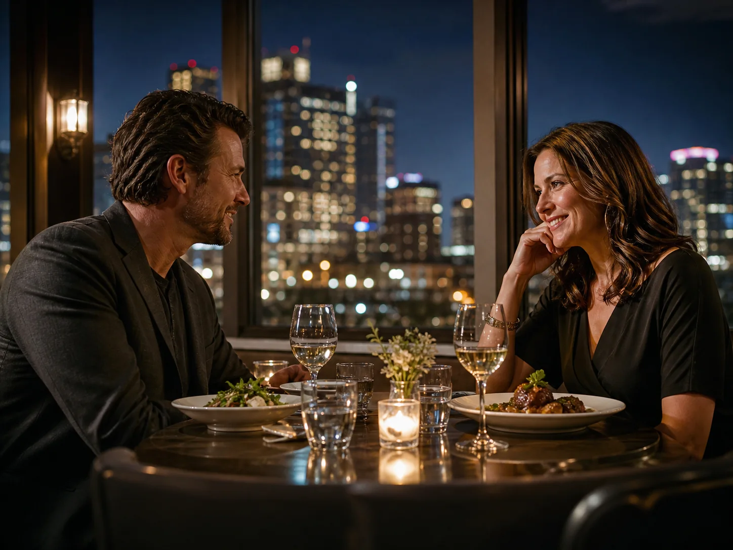 Adult couple talking over dinner with Denver city lights behind them