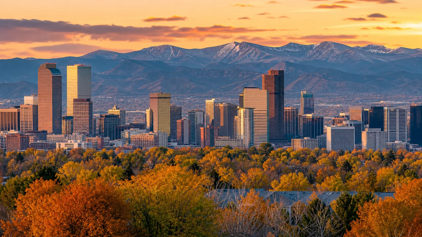 Downtown Denver skyline with autumn trees and the Rocky Mountains