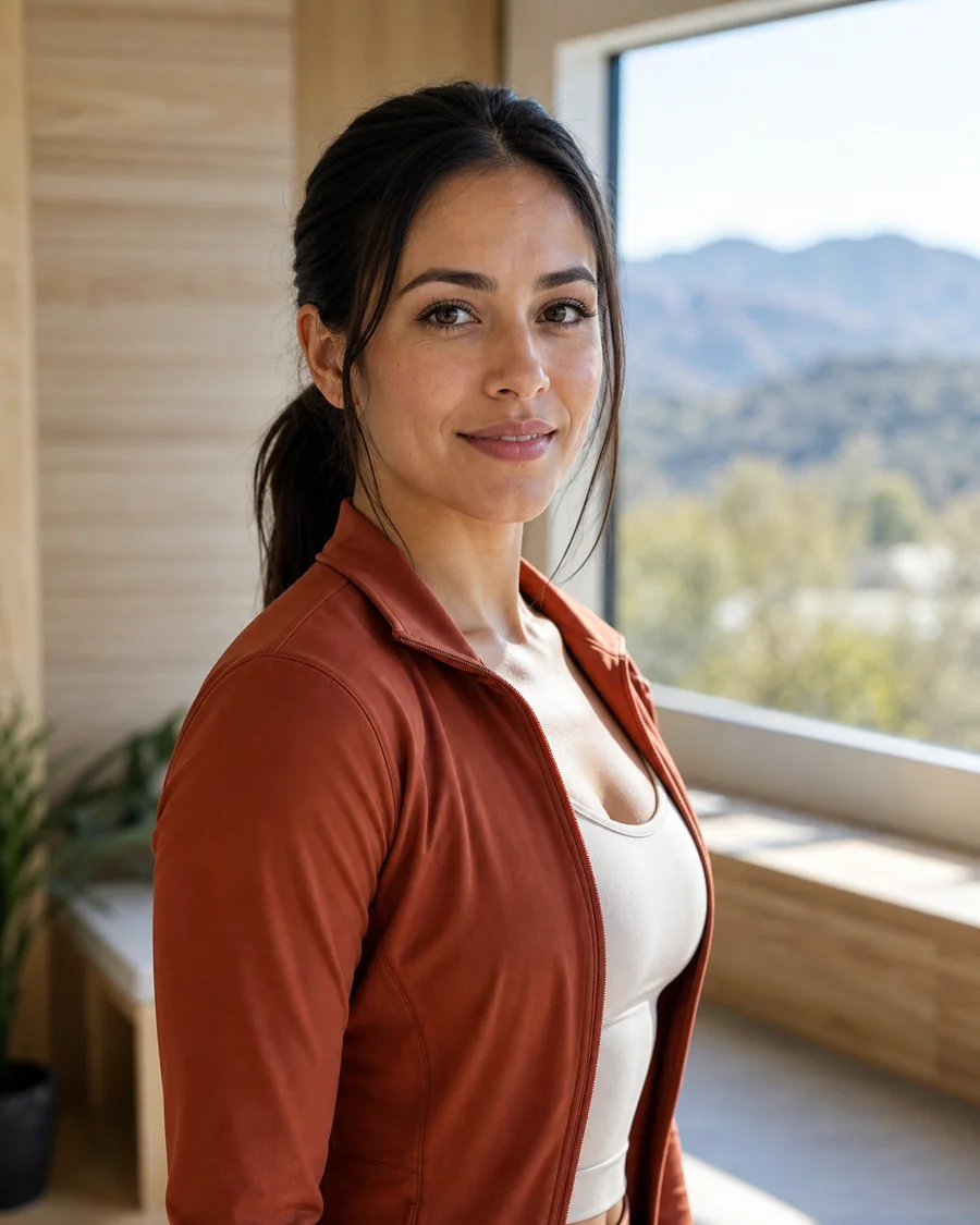 Avery, an adult Boulder fitness coach in a sunlit wellness studio