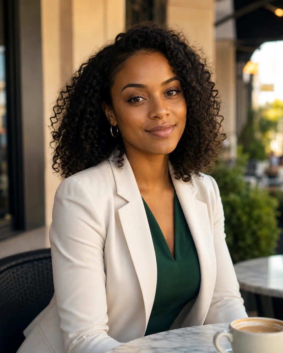 Kelsey, an adult Denver marketing manager in a Cherry Creek café