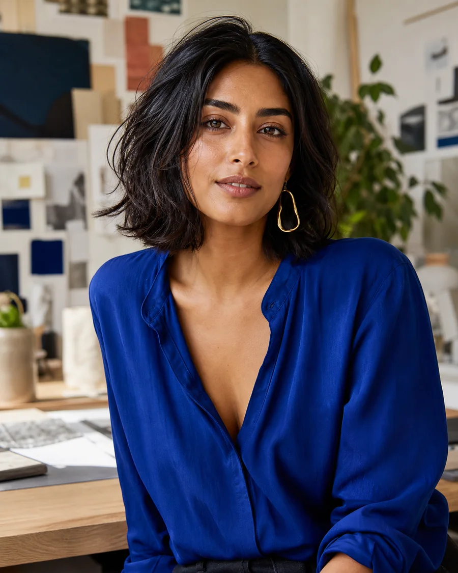 Mia, an adult Aurora creative director in a contemporary design studio