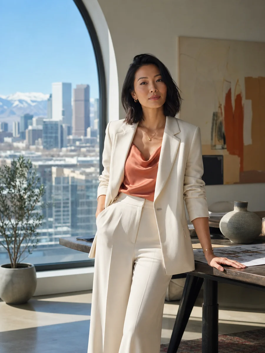 Ambitious adult Denver woman in a sunlit creative studio