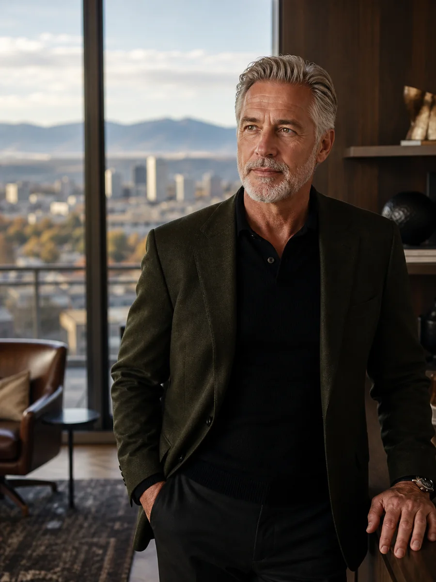 Distinguished mature Denver entrepreneur in a contemporary penthouse study